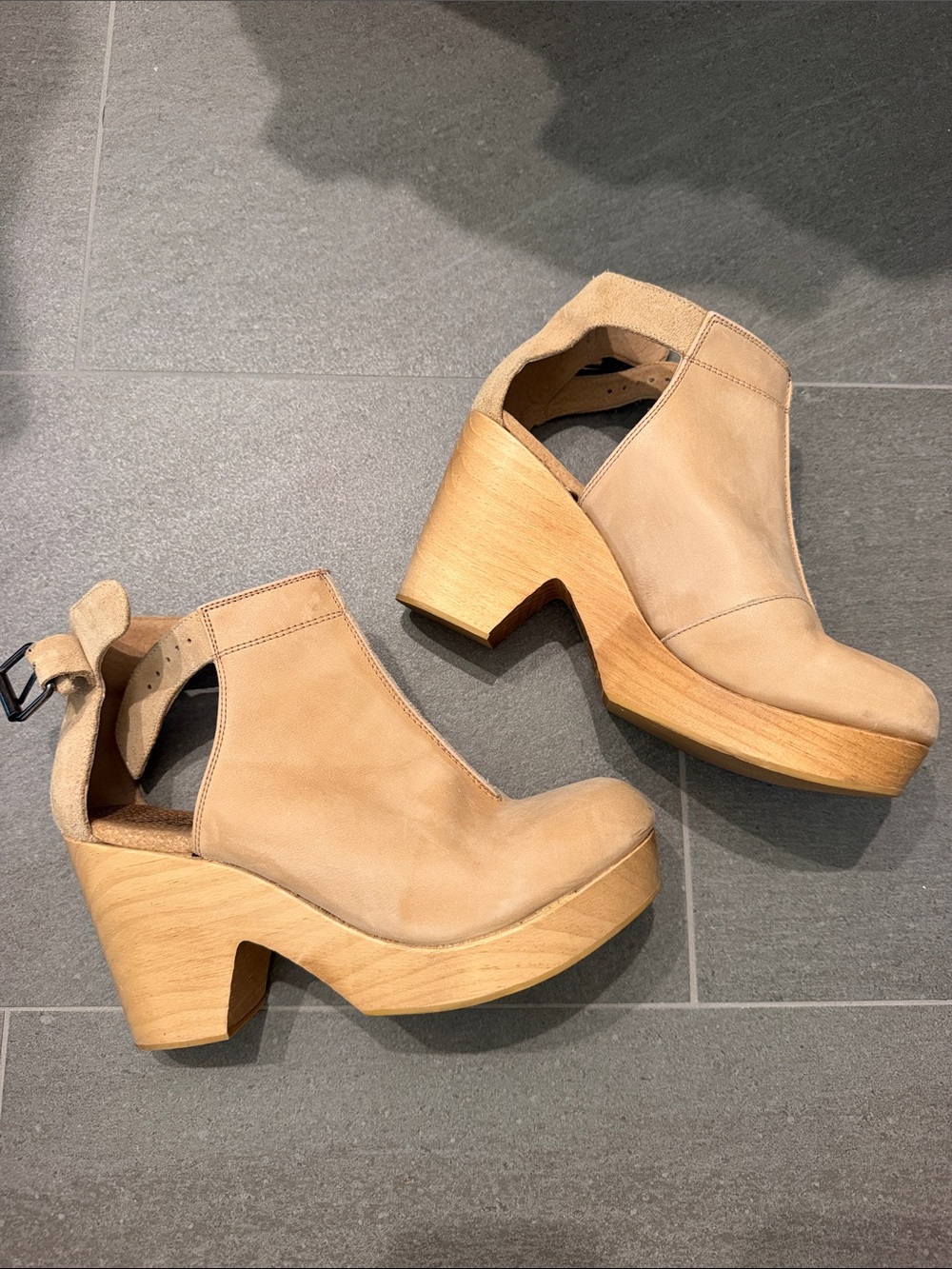 Free People Tan Leather Platform Clog Heels